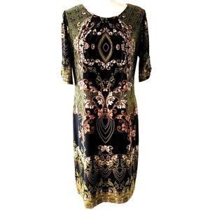 Chelsea Suite Patterned Sheath Dress Green Black Knit Stretch Size 10P